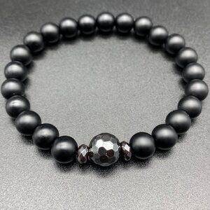 Hematite and Black Stone Unisex Stretch Bracelet